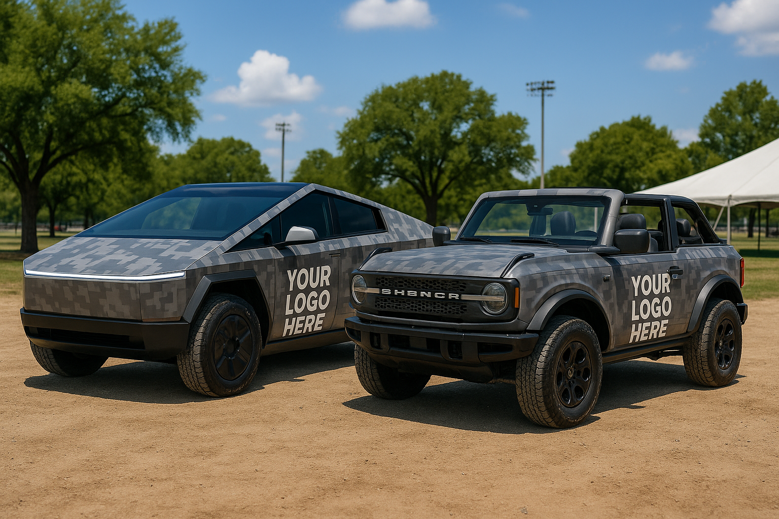 Custom Cybertruck and off-road vehicle with branded wrap display showcasing mobile advertising potential for South Florida events